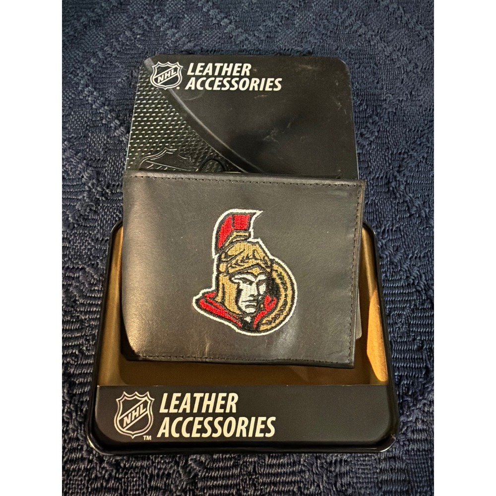 NHL Ottawa Senators Rico Industries Black Leather Bifold Wallet with Gift Tin